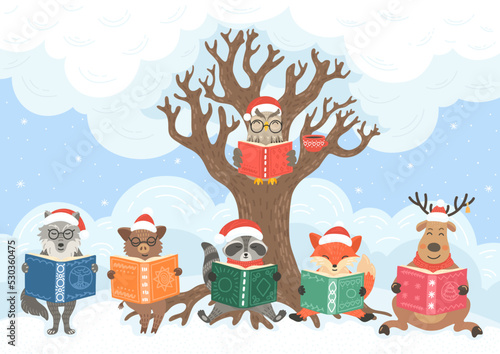 Animals read books winter forest under big tree. Owl, deer, raccoon, fox, wolf and boar in Santa hats. Winter holidays children illustration, literature, storytime concept. 