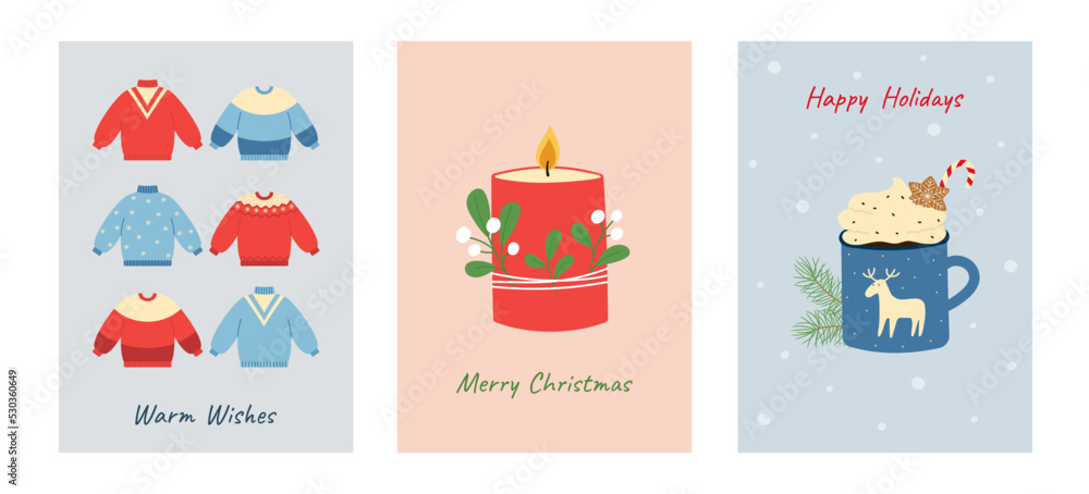 Set of greeting cards with winter Christmas designs. Template for postcard, poster, banner, invitation and greeting card.