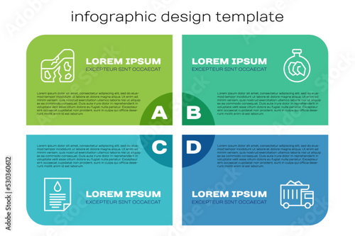 Set line Oil drop document, Geological fault, Mining dump truck and Exhibition with minerals, rocks. Business infographic template. Vector