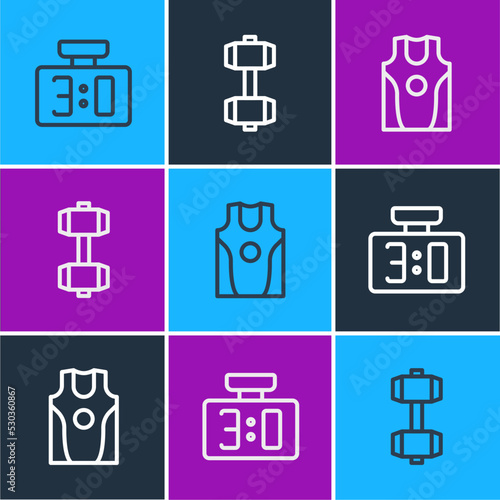 Set line Sport mechanical scoreboard, Boxing jersey and t-shirt and Dumbbell icon. Vector