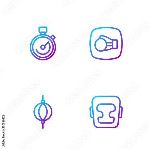 Set line Boxing helmet, Punching bag, Stopwatch and glove. Gradient color icons. Vector