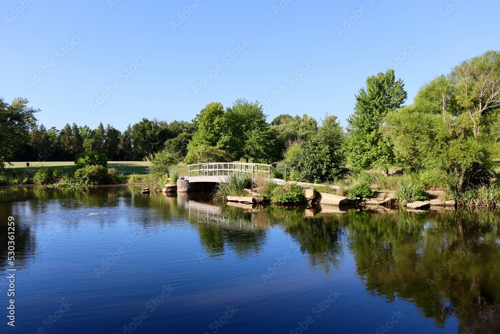 Fototapeta premium The old wood footbridge at the pond on a sunny day.