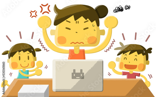 うるさい子供にイライラするテレワーク中のママさん