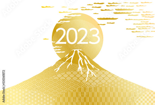 2023年卯年年賀状-和柄富士山と初日の出イラスト素材	