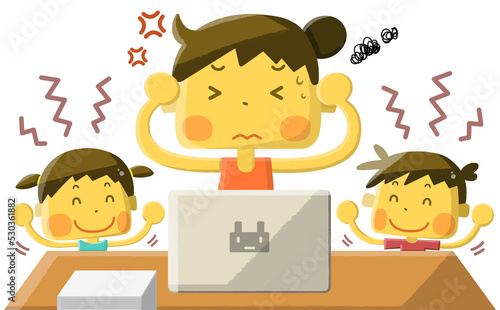 うるさい子供にイライラするテレワーク中のママさん