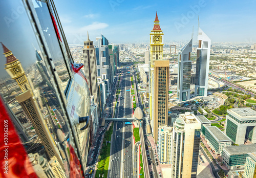 Photography Aerial Helicopter view of Dubai City Skyline UAE
