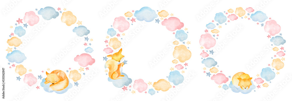 Watercolor frame cartoon fox cub invitation frame template with constellations, clouds. Round frame for a postcard on a white background.