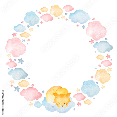 Watercolor frame cartoon fox cub invitation frame template with constellations  clouds. Round frame for a postcard on a white background.