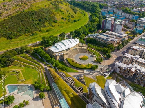 Our Dynamic Earth aerial view in Old Town Edinburgh, Scotland, UK. Old town Edinburgh is a UNESCO World Heritage Site since 1995. 