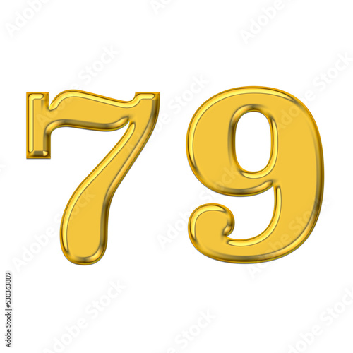 Gold 3d number 79, PNG transparent background, birthday celebrations, social media.