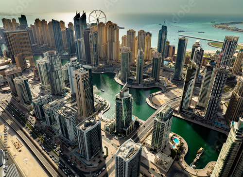 Photography Aerial view of the Dubai Marina luxury skyscraper