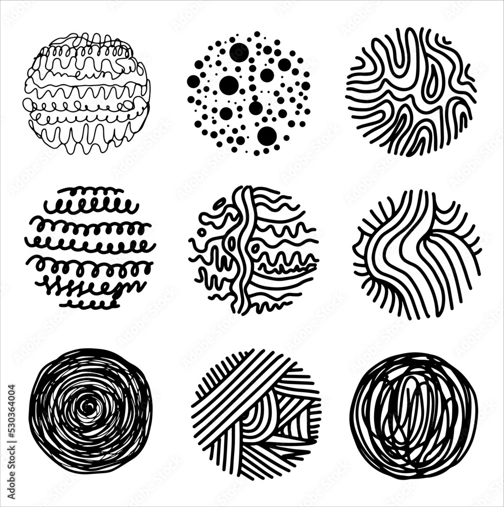 Set of round abstract black backgrounds, patterns. Hand-drawn doodle ...