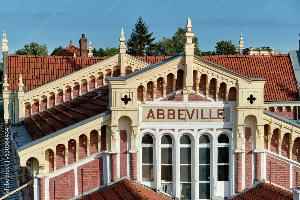detail of the Abbeville railway station, of seaside regional style, is built a frame of wood with red brick cladding in the Somme department and in Hauts-de-France region in northern France