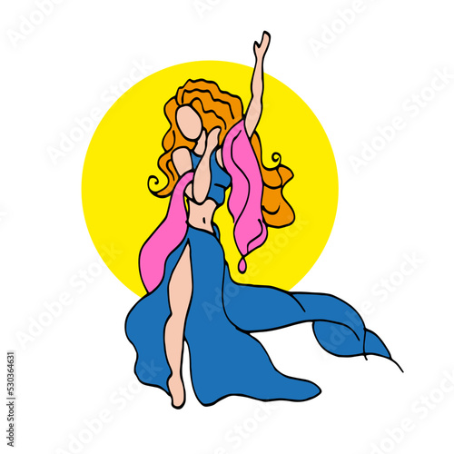 Dance. Vector illustration of oriental dance, stylized girl dancing belly dance. A girl with long hair and a beautiful dance costume