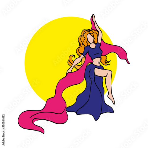 Dance. Vector illustration of oriental dance, stylized girl dancing belly dance. A girl with long hair and a beautiful dance costume