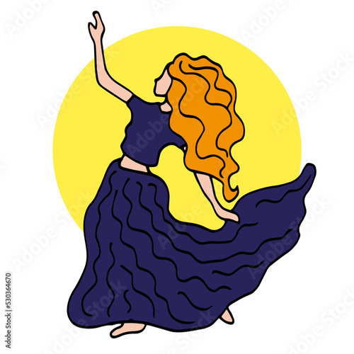 Dance. Vector illustration of oriental dance, stylized girl dancing belly dance. A girl with long hair and a beautiful dance costume