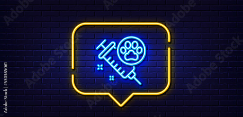 Neon light speech bubble. Dog vaccination line icon. Veterinary clinic sign. Pets care symbol. Neon light background. Dog vaccination glow line. Brick wall banner. Vector