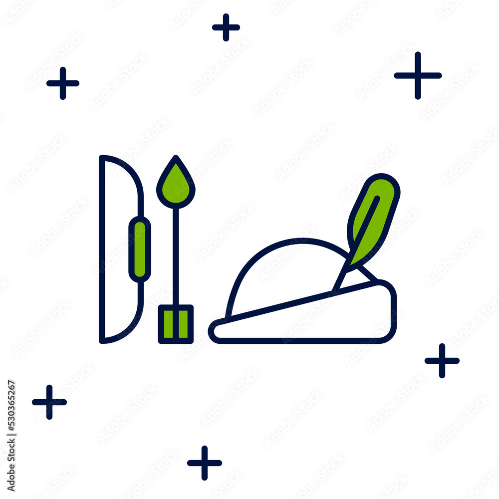 Filled outline Robin hood hat with feather, bow and arrow icon isolated on white background. Vector Filled outline Robin hood hat with feather, bow and arrow icon isolated on white background. Vector
