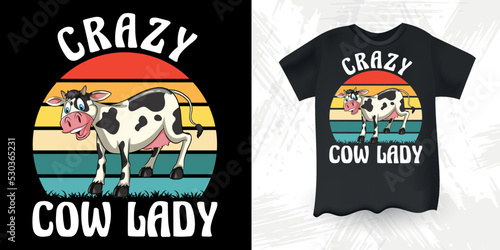Crazy Cow Lady Funny Cow Lover Retro Sunset Vintage American Flag Cow T-shirt Design