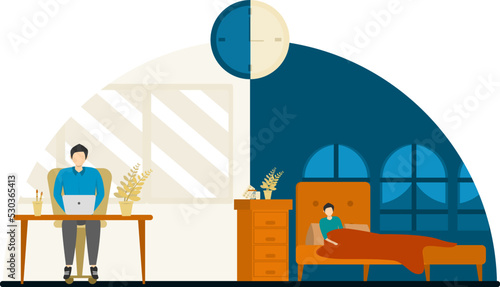 day and night time. Time to sleep and work, man in bed at night and work at computer during the day, healthy lifestyle. Harmonious circadian rhythm vector cartoon flat concept