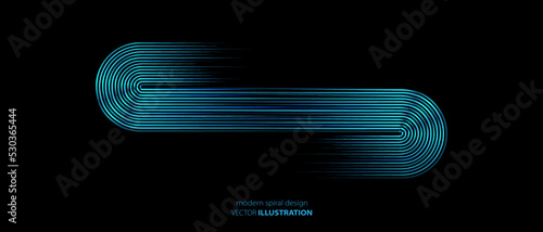 Neon vector spiral symbol, logo on a black background. Texture of wave lines, stripes. LED strips. The route of the maze. Hypnotic icon. Poster for technology, business, social networks.