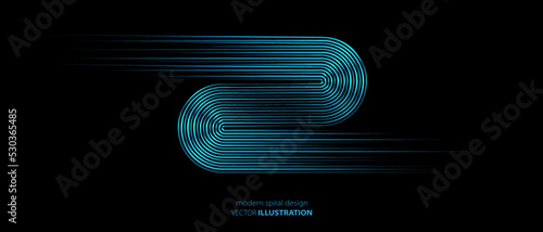 Neon vector spiral symbol, logo on a black background. Texture of wave lines, stripes. LED strips. The route of the maze. Hypnotic icon. Poster for technology, business, social networks.
