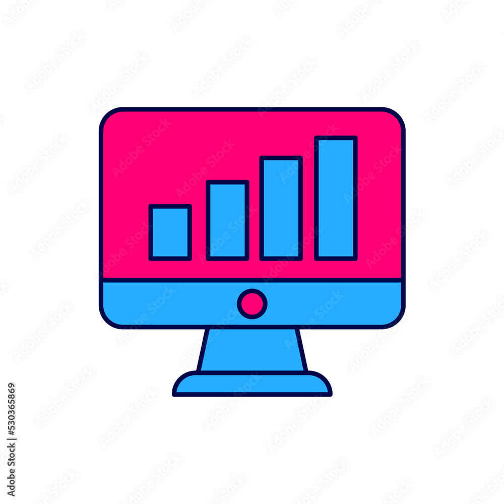 Filled outline Computer monitor with graph chart icon isolated on white background. Report text file. Accounting sign. Audit, analysis, planning. Vector Filled outline Computer monitor with graph chart icon isolated on white background. Report text file. Accounting sign. Audit, analysis, planning. Vector