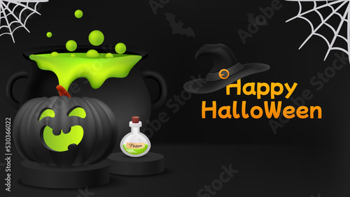 Happy Halloween banner or party invitation background with bats and pumpkins. Scene with podium cylinder and witch cauldron with potion. Poison bottle. Vector illustration. Sider web. Place for text