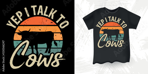 Yep I talk to cows Funny Cow Lover Retro Sunset Vintage American Flag Cow T-shirt Design