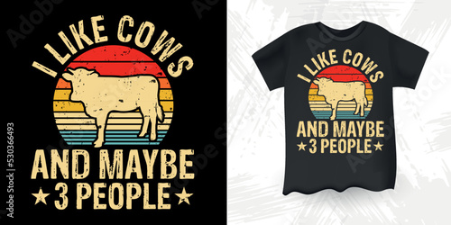 I Like Cows And Maybe 3 People Funny Cow Lover Retro Sunset Vintage American Flag Cow T-shirt Design