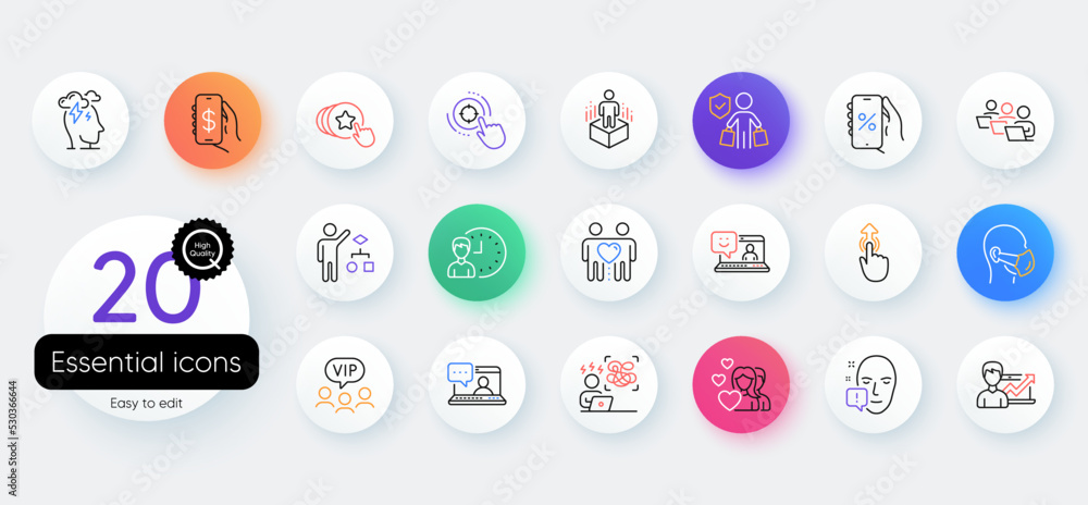 Simple set of Teamwork, Swipe up and Success business line icons. Include Medical mask, Stress, Difficult stress icons. Buyer insurance, Friends couple, Discounts app web elements. Vector
