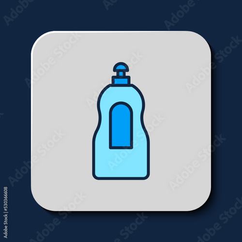 Filled outline Dishwashing liquid bottle icon isolated on blue background. Liquid detergent for washing dishes. Vector