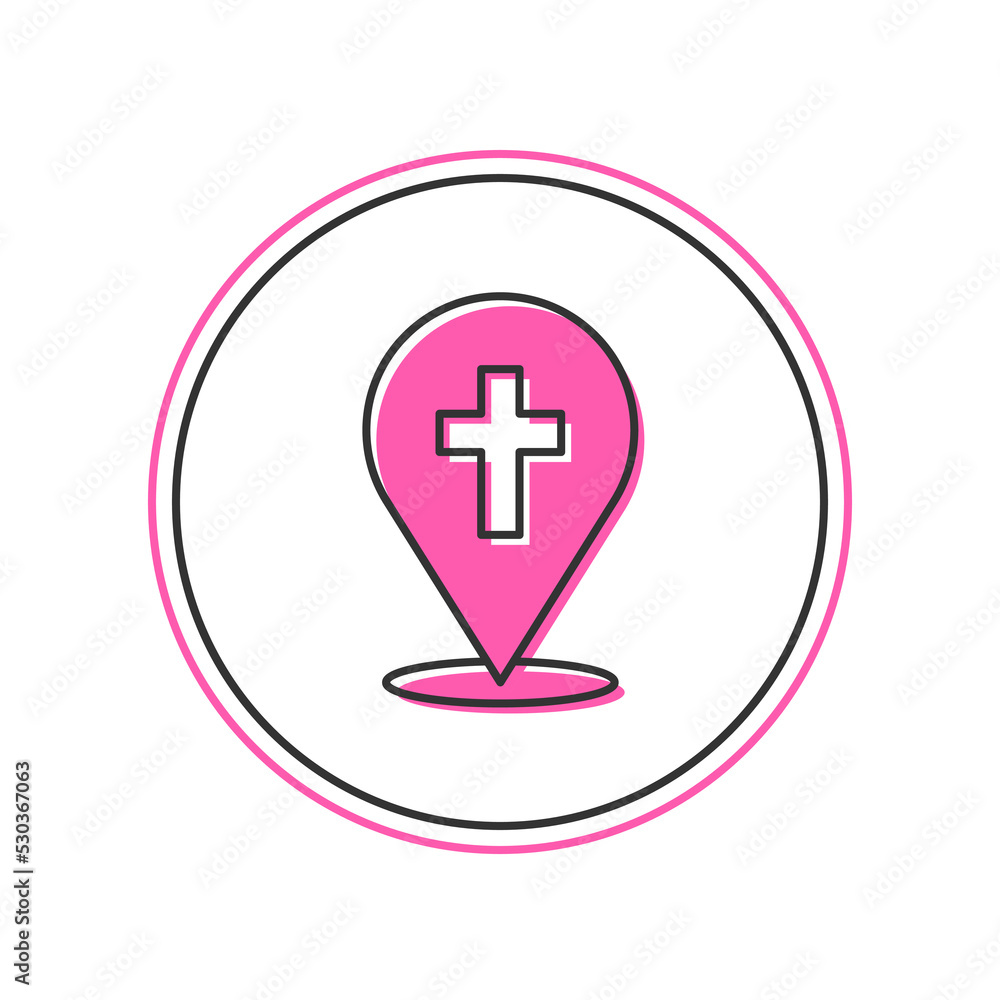 Filled outline Map pin church building icon isolated on white background. Christian Church. Religion of church. Vector Filled outline Map pin church building icon isolated on white background. Christian Church. Religion of church. Vector
