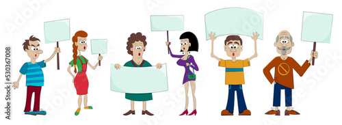 Protesting people with placards on a white background. Human activist. Protest actions. Vector illustration in cartoon style.