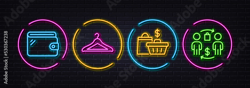 Sale bags, Wallet and Cloakroom minimal line icons. Neon laser 3d lights. Buying process icons. For web, application, printing. Shopping cart, Money budget, Hanger wardrobe. Supermarket bag. Vector