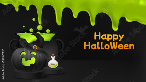 Happy Halloween banner or party invitation background with bats and pumpkins. Scene with podium cylinder and witch cauldron with potion. Poison bottle. Liquid green slime. Vector illustration.