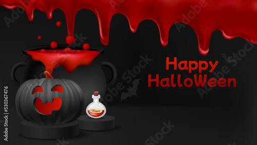 Happy Halloween banner or party invitation background with bats and pumpkins. Scene with podium cylinder and witch cauldron with potion. Poison bottle. Realistic blood  flows. Vector illustration.