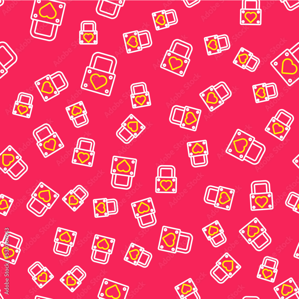 Line Lock and heart icon isolated seamless pattern on red background. Locked Heart. Love symbol and keyhole sign. Valentines day symbol. Vector Line Lock and heart icon isolated seamless pattern on red background. Locked Heart. Love symbol and keyhole sign. Valentines day symbol. Vector