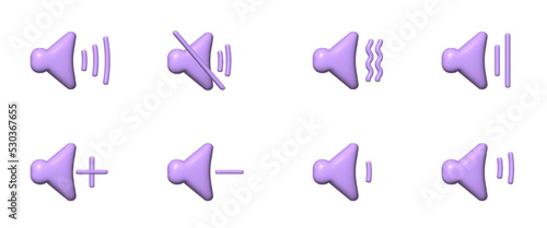 Volume icons 3d. Set of 8 volume modes: high, low, plus, minus, off, vibrate. Trendy cartoon minimal style vector design. Ui app elements.