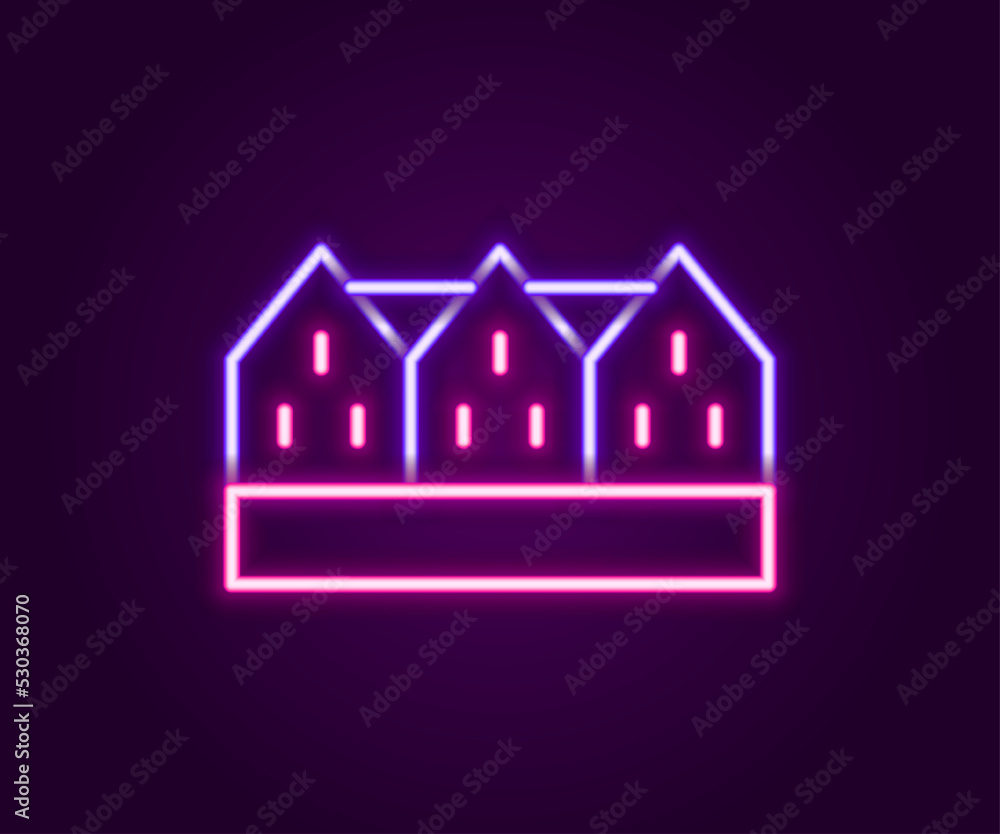 Glowing neon line Icelandic wooden house icon isolated on black background. Architecture element of Iceland. Colorful outline concept. Vector Glowing neon line Icelandic wooden house icon isolated on black background. Architecture element of Iceland. Colorful outline concept. Vector