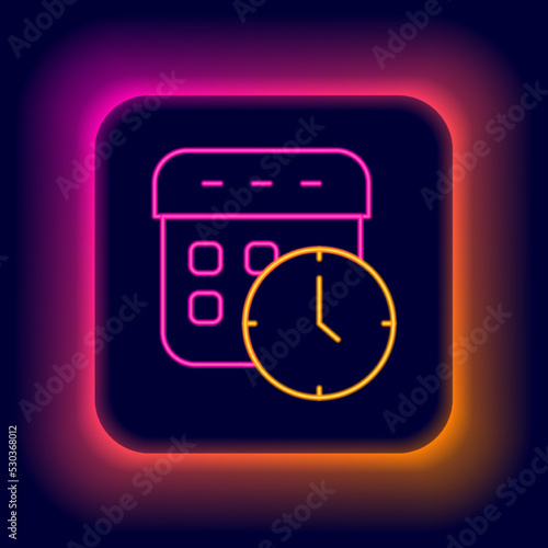 Glowing neon line Calendar and clock icon isolated on black background. Schedule, appointment, organizer, timesheet, time management. Colorful outline concept. Vector photo