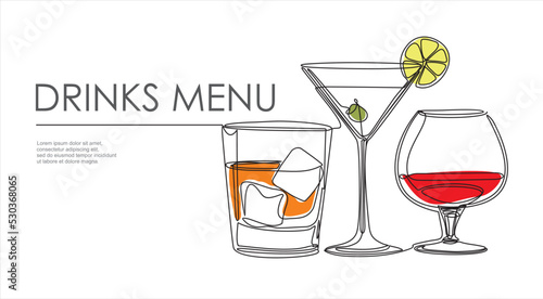 Drinks menu. Continuous one line drawing of glasses with cocktails. Illustration with quote template. Can used for logo, banner, booklet, flyer, brochure