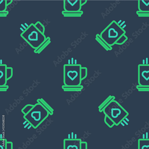 Line Coffee cup and heart icon isolated seamless pattern on blue background. Couple coffee for lovers on Valentines Day. Vector