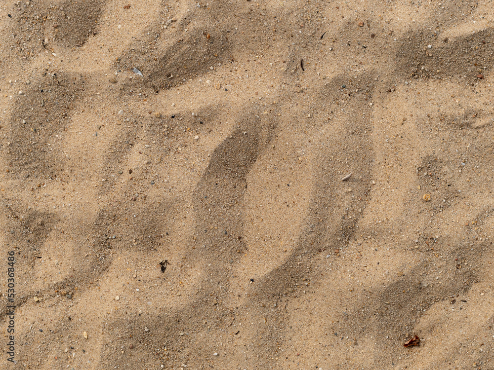 Fototapeta premium Sand texture background. Sandy beach ground with a lot of grains. Abstract natural material at a shore. Desert sand pattern with shadows and fine details. Top down view as abstract empty backdrop.