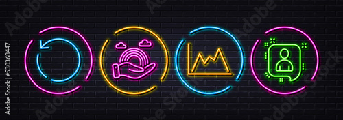 Diagram, Lgbt and Recovery data minimal line icons. Neon laser 3d lights. Developers chat icons. For web, application, printing. Growth graph, Rainbow care, Backup info. Manager talk. Vector