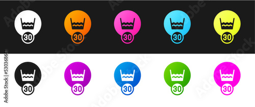 Set Washing under 30 degrees celsius icon isolated on black and white background. Temperature wash. Vector