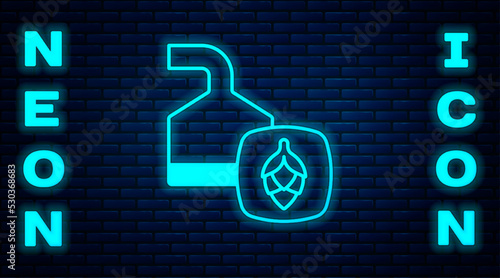 Glowing neon Traditional brewing vessels in brewery icon isolated on brick wall background. Beer brewing process. Distillery plant, brewery. Vector