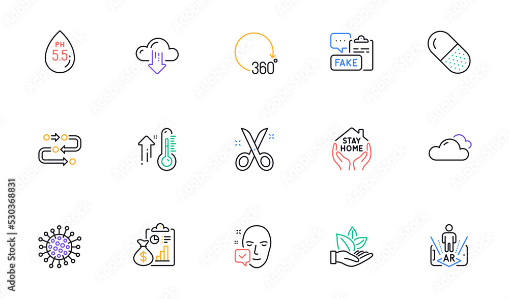 Ph neutral, Capsule pill and Cloudy weather line icons for website, printing. Collection of Stay home, 360 degrees, Coronavirus icons. Face accepted, Scissors, Methodology web elements. Vector