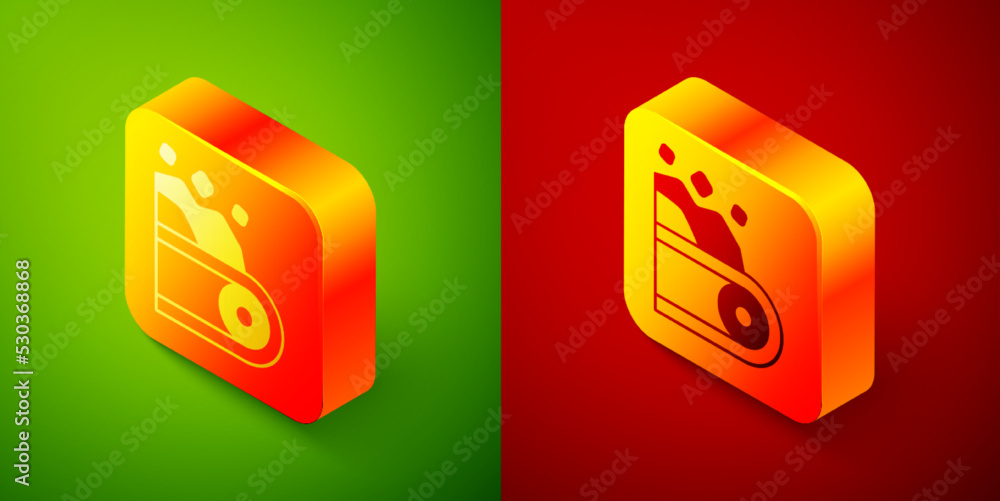 Isometric Conveyor belt carrying coal icon isolated on green and red background. Square button. Vector Isometric Conveyor belt carrying coal icon isolated on green and red background. Square button. Vector