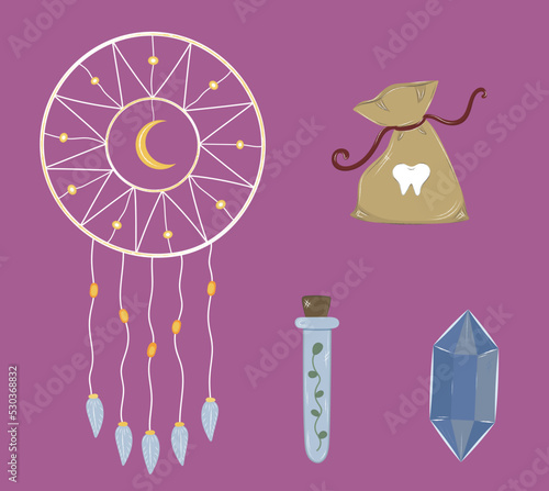 Witchcraft isolated doodle set. Esoteric magical stickers clip art hand drawn dream catcher, crystal, potion, bag with teeth, flask. Vector halloween illustration